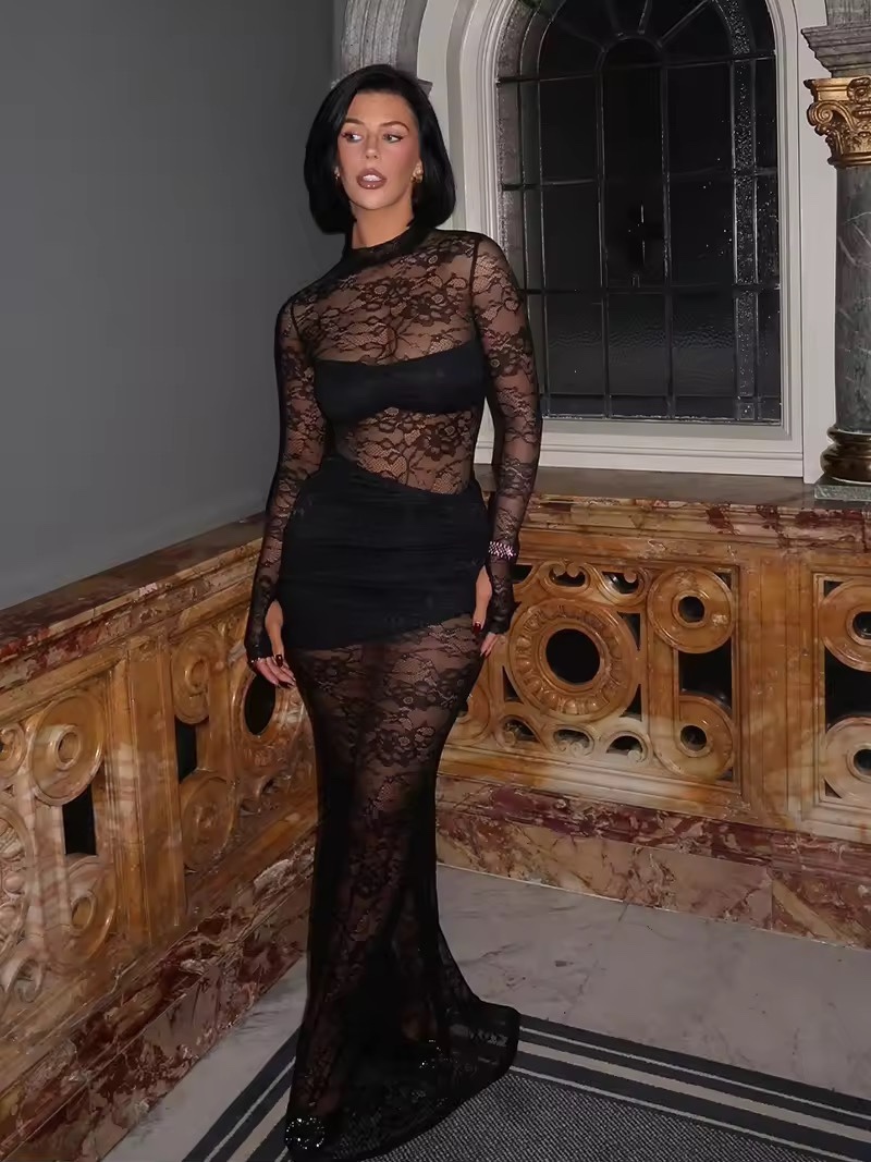 Mesh Lace long Sleeve Bodycon Black Maxi Dress