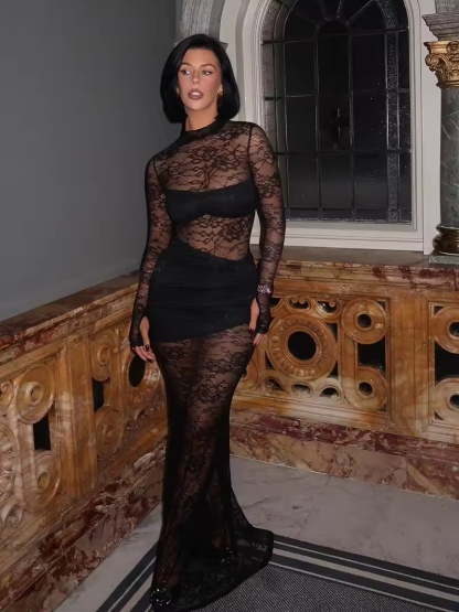 Mesh Lace long Sleeve Bodycon Black Maxi Dress