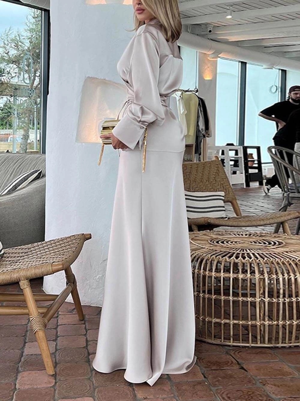 Long Sleeve Silk Satin Maxi Dress