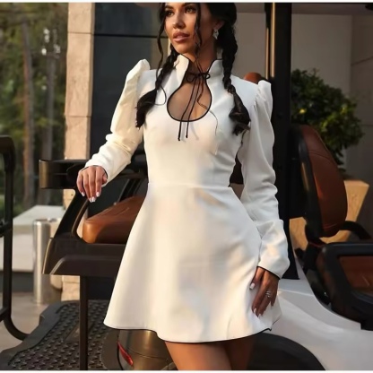 Lace Up Long Sleeve A Line White Mini Dress