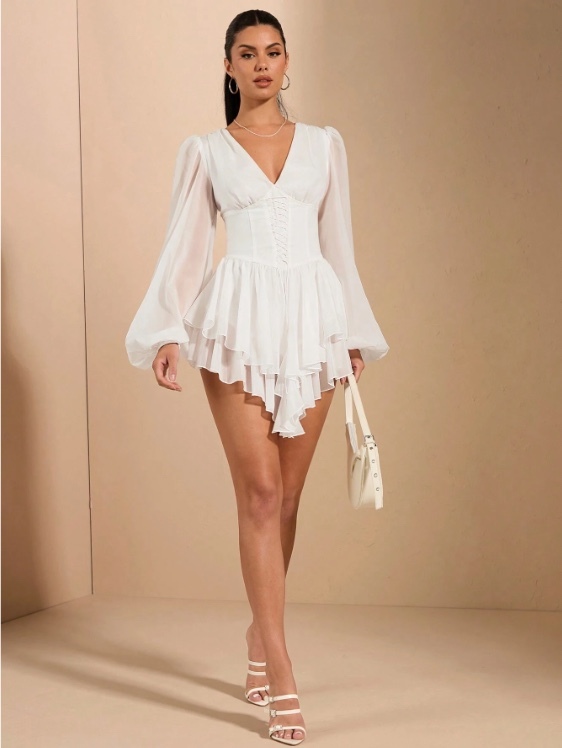 Long Sleeve Mesh V Neck A-Line Mini Dress
