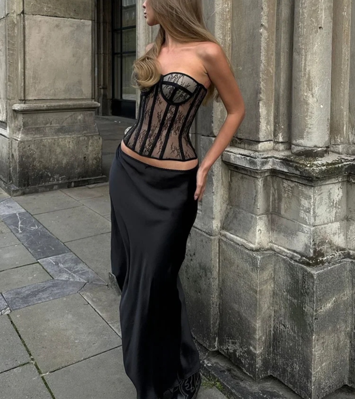 Black Patchwork Lace Corset Style Crop Top