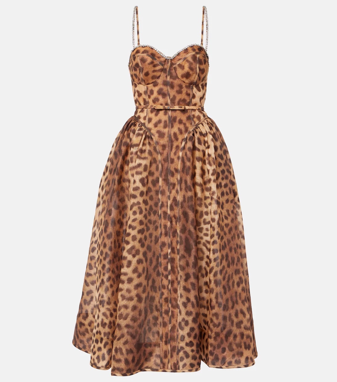 Rhinestone Diamond Strap Leopard Print A Line Midi Dress