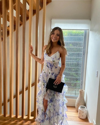 Blue Floral V Neck Ruffle Summer Vacation Maxi Dress