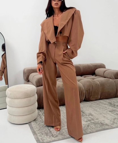 Elegant Lapel Long Sleeve Crop Top With High Waist Wide Pants Set