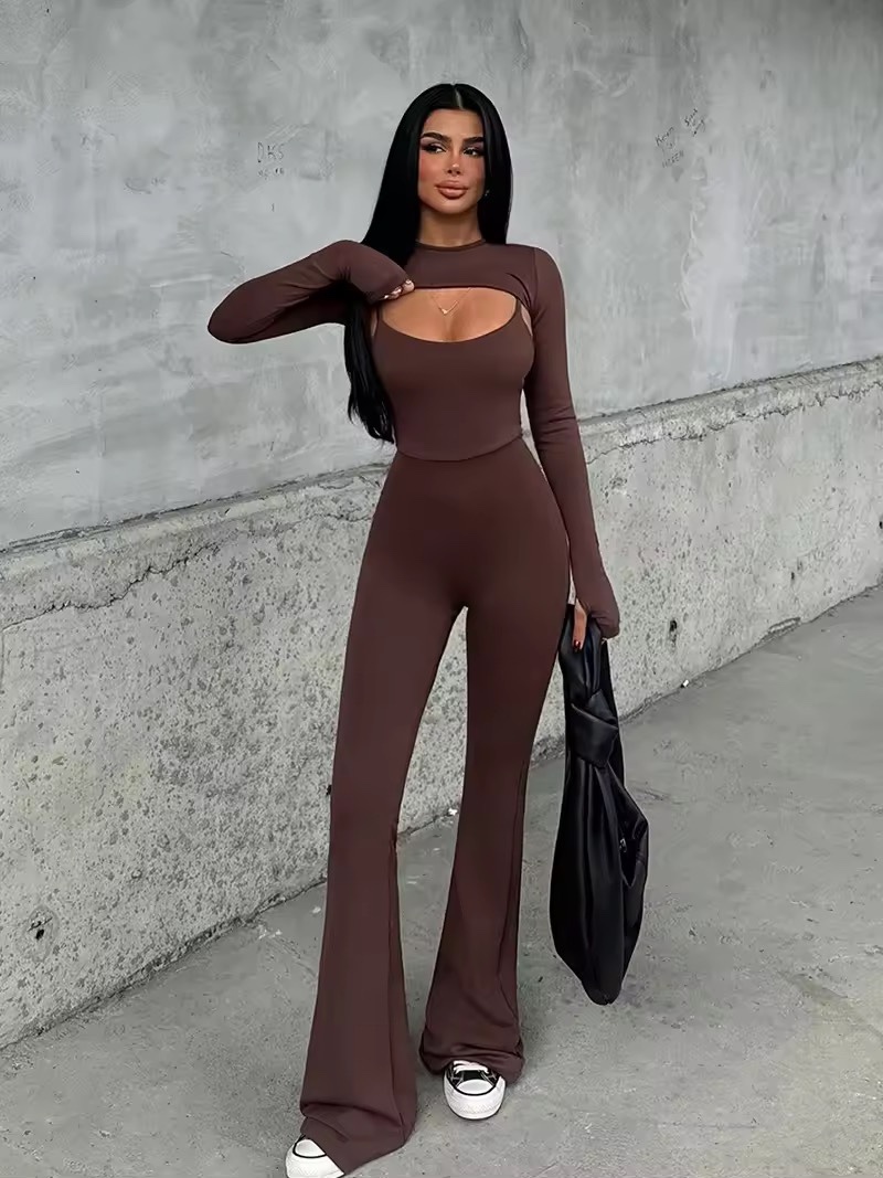 Long Sleeve Bodycon Flared Jumpsuit