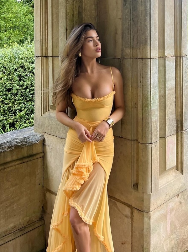 Yellow Ruffle Hem Bodycon Maxi Dress