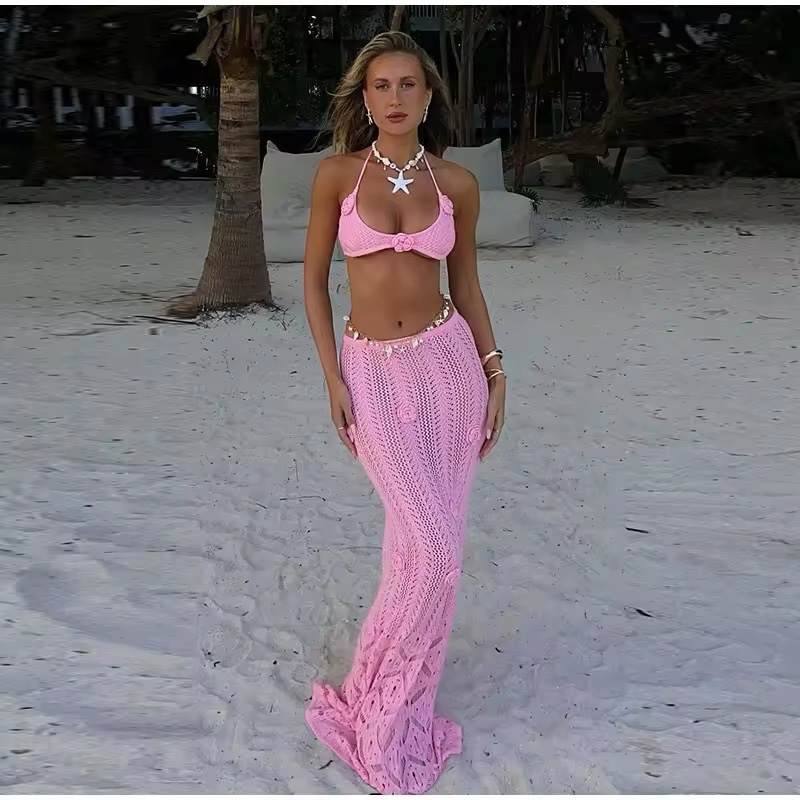 Pink Beachwear Two Piece Crochet Summer Top & Skirt Set