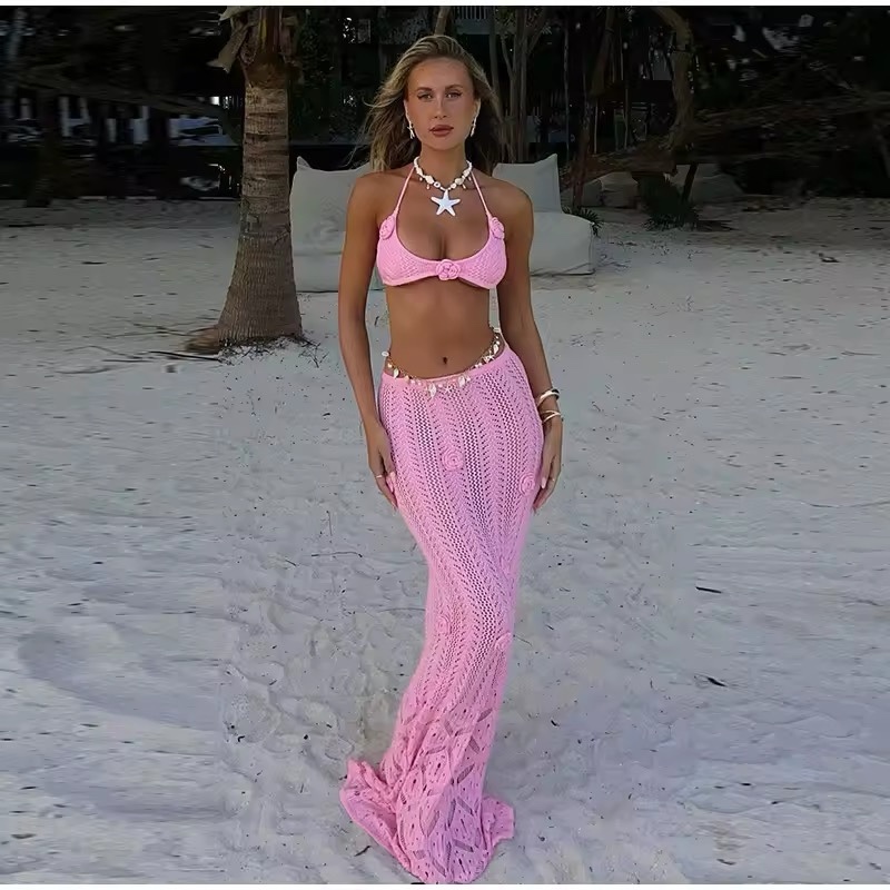Pink Beachwear Two Piece Crochet Summer Top & Skirt Set