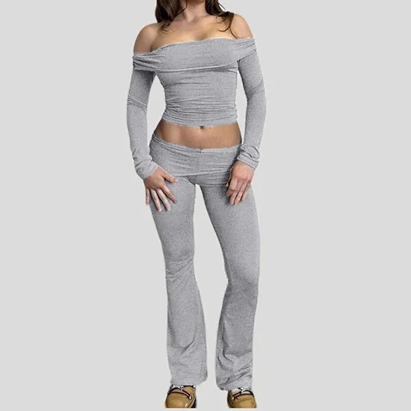 Off Shoulder Crop Top and Casual Pants Set