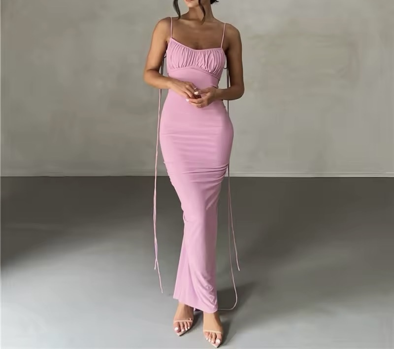 Backless Ruched V Bodycon Spaghetti Strap Maxi Dress