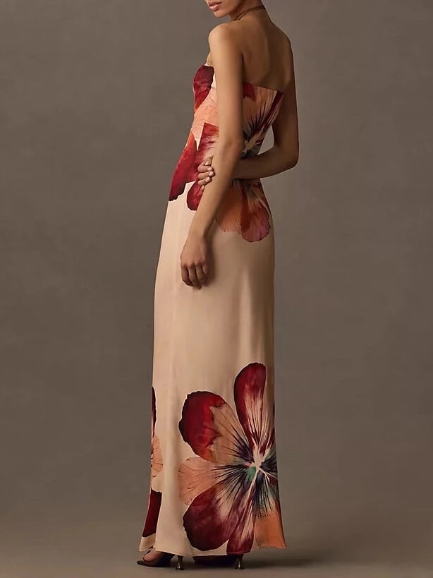 Floral Strapless Neutral Bodycon Vacation Maxi Dress
