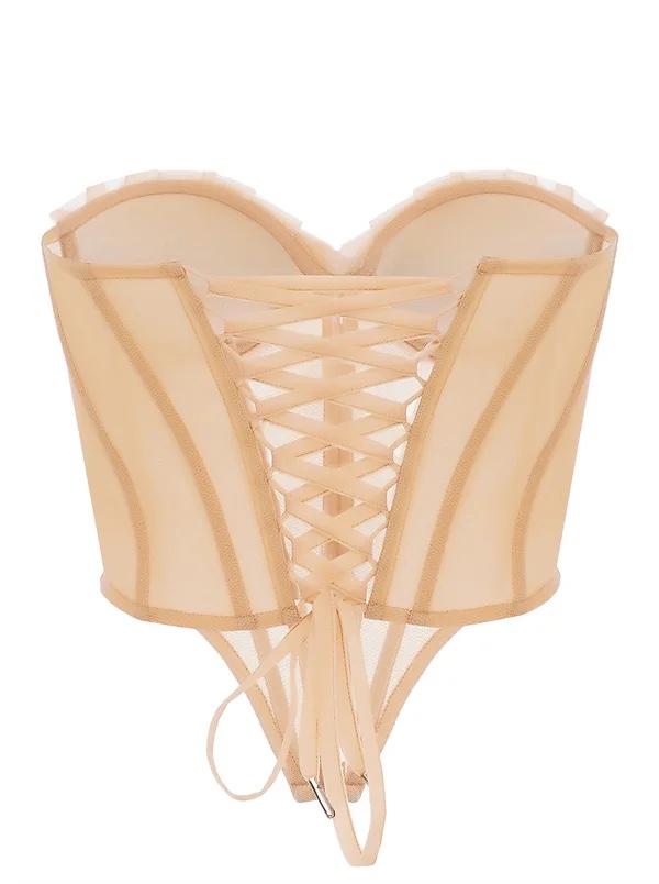 Mesh Corset Style Strapless Off Shoulder Ruffle Top