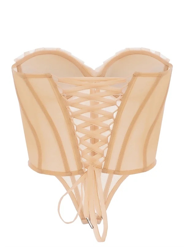 Mesh Corset Style Strapless Off Shoulder Ruffle Top