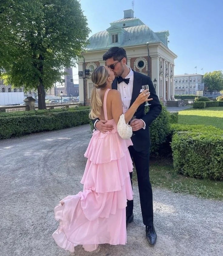Pink Flower Detail Layered Ruffle Backless Maxi Dress Elegant