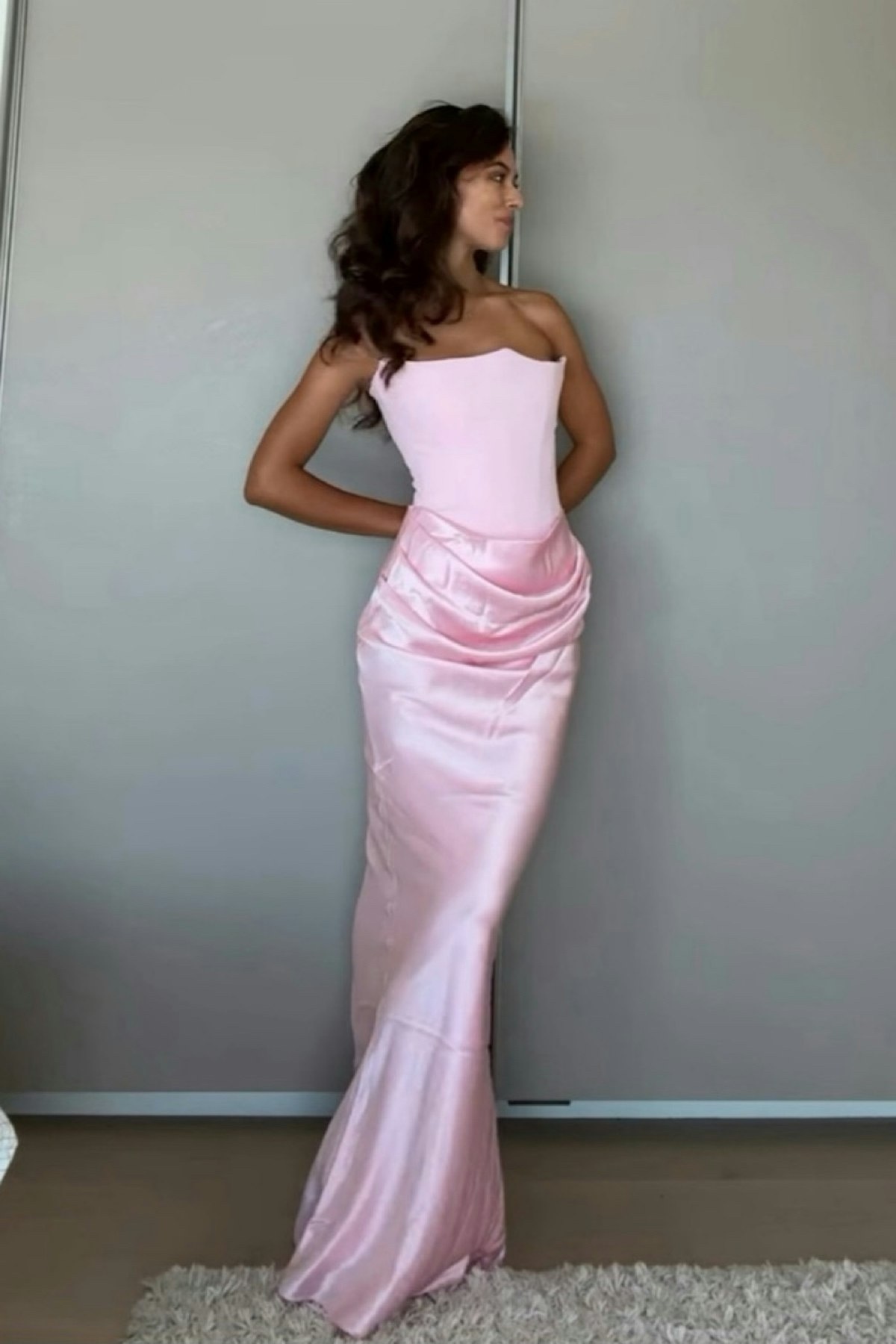 Pink Strapless Ruched Silk Bodycon Elegant Maxi Dress