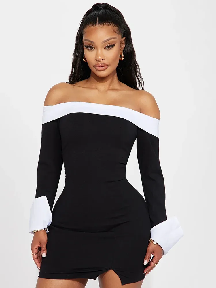 Black White Patchwork Long Sleeve Mini Dress