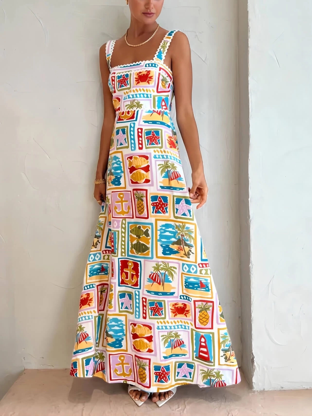 Printed Sqaure Neck Sleeveless Vacation Maxi Dress