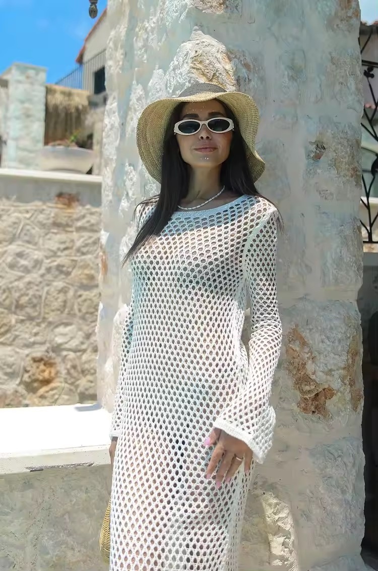 White Crochet Beach Backless Knit Cover Up Dress Open Back