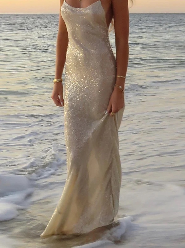 Silver Sequin Glitter Bodycon Maxi Dress