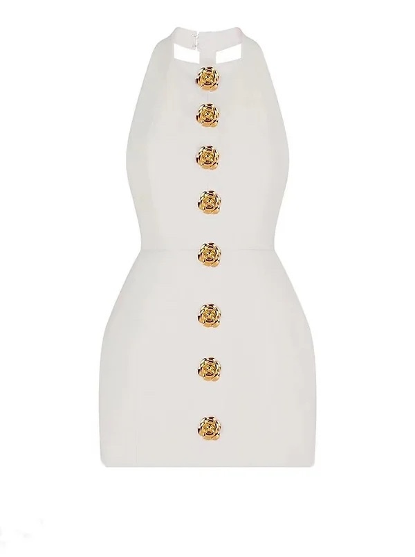 Elegant Gold Rose Button Detail Mini Dress