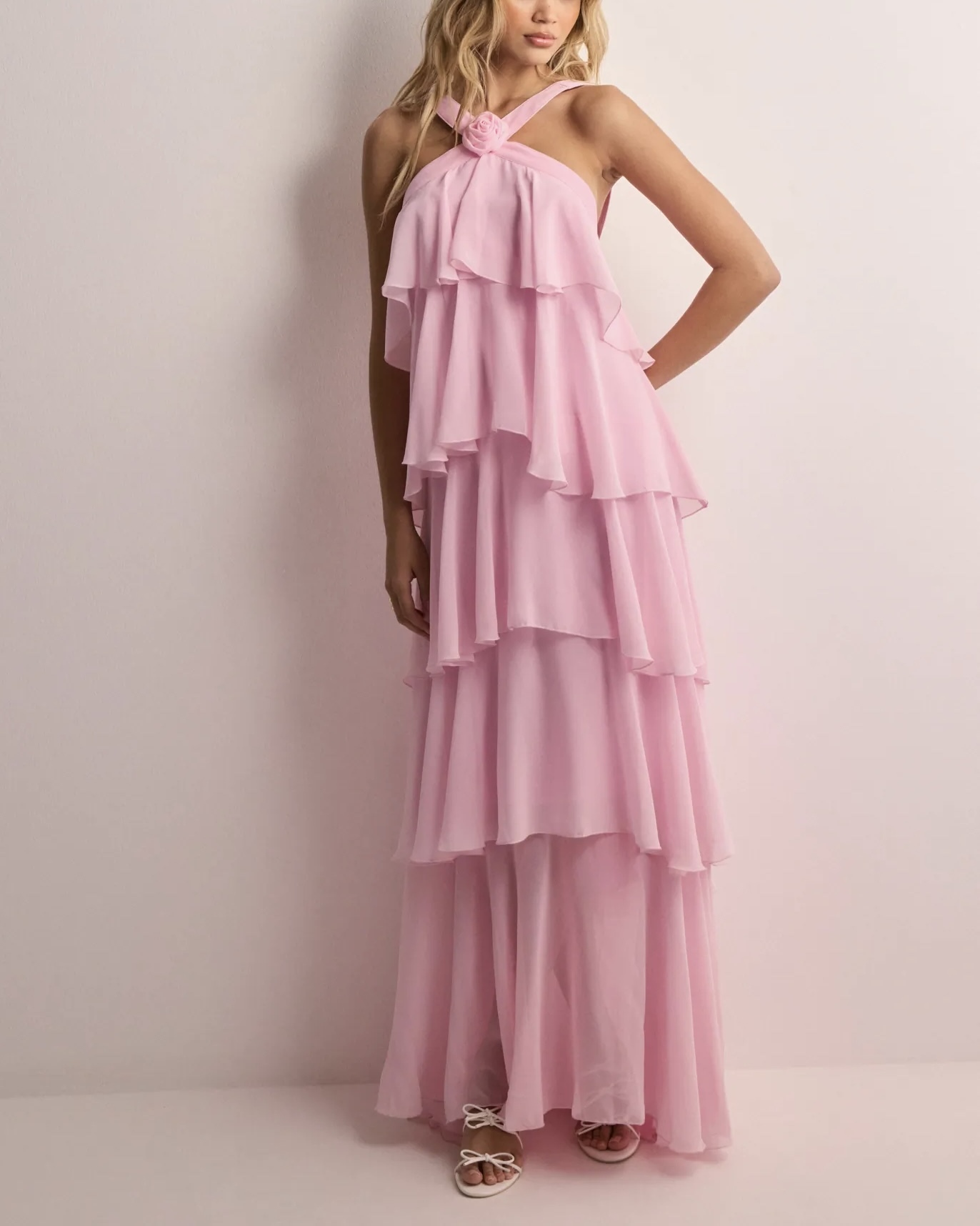 Pink Flower Detail Layered Ruffle Backless Maxi Dress Elegant