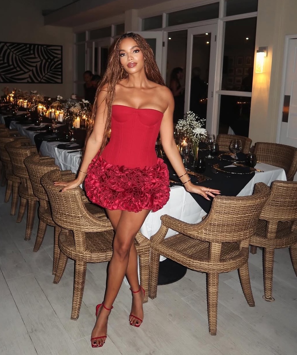 Red Flower Detail Strapless Corset Style Mini Dress