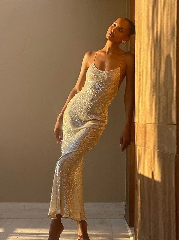 Silver Sequin Glitter Bodycon Maxi Dress