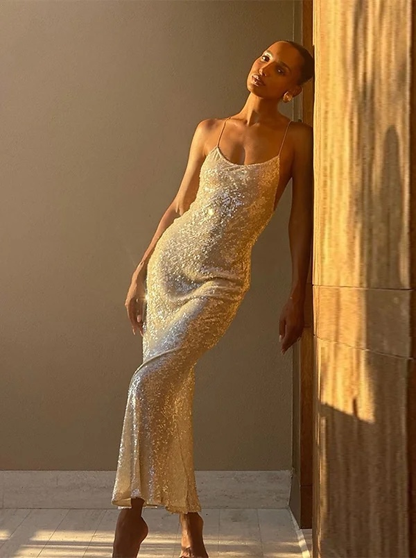 Silver Sequin Glitter Bodycon Maxi Dress