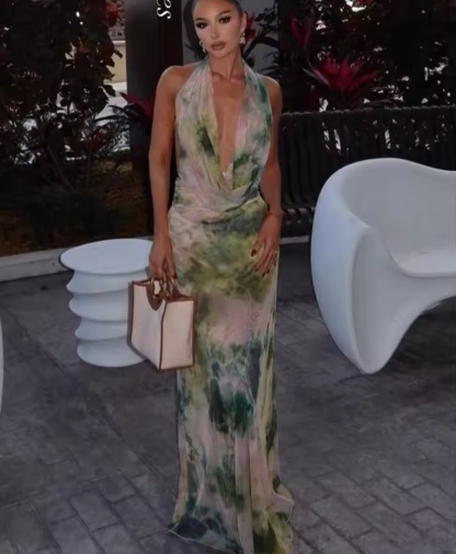 Printed Halter Neck Scoop Summer Vacation Maxi Dress