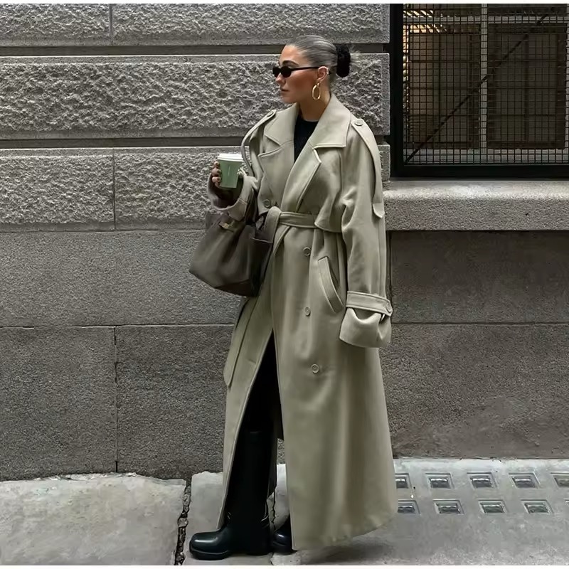 Khaki Long Sleeve Turn Collar Belted Coat
