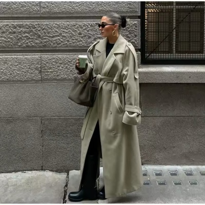 Khaki Long Sleeve Turn Collar Belted Coat