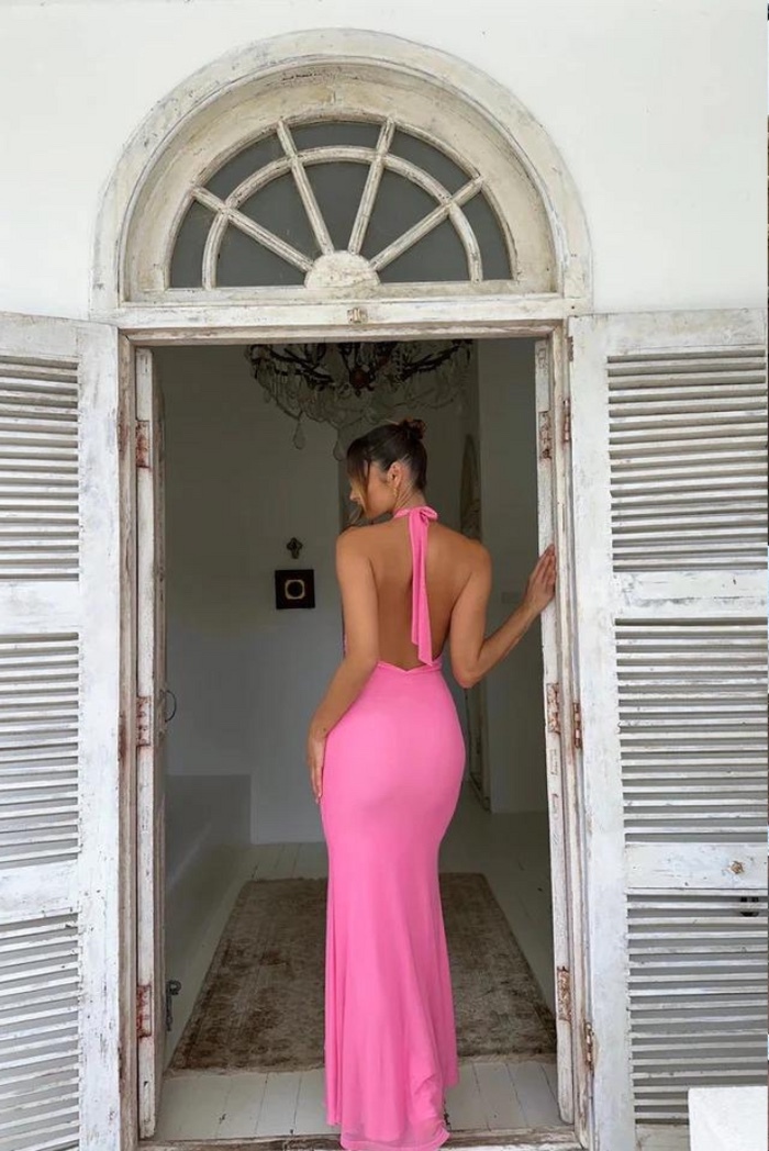 Pink V Neck Ruffle High Spilt Maxi Dress