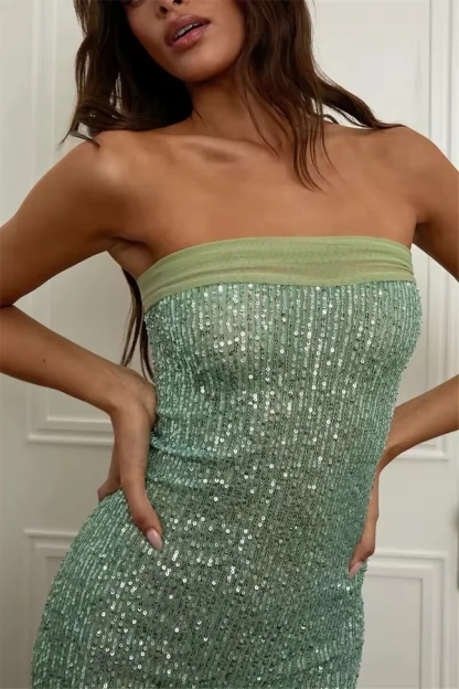 Strapless Sequin Glitter Bodycon Party Maxi Dress