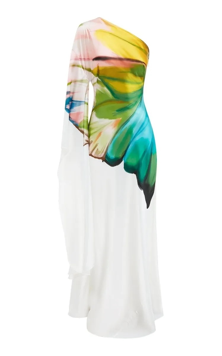 One Shoulder Long Sleeve Satin Silk Maxi Dress