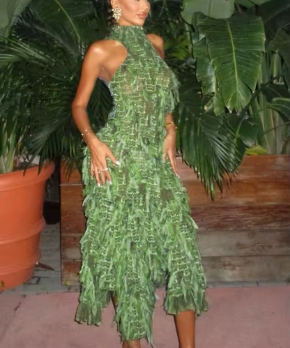 Ruffle Backless Holiday Vacation Summer Maxi Dress