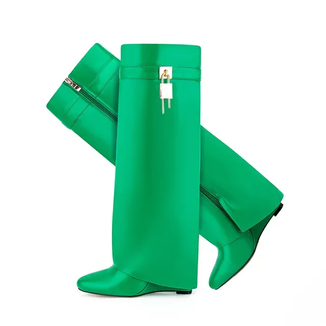 Lock Detail Fold Knee High Boots