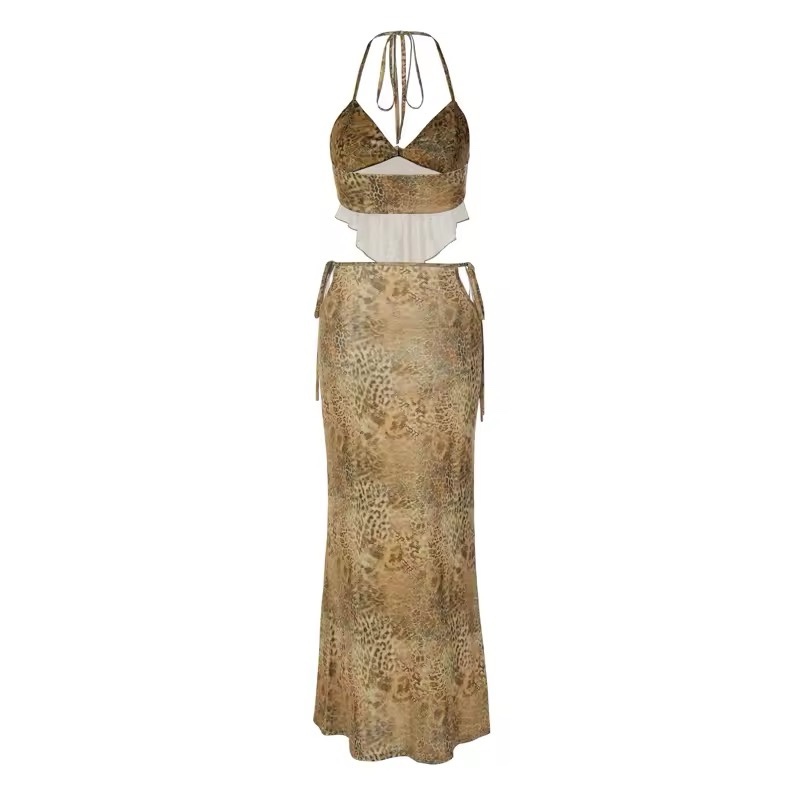 Leopard Print Summer Vacation Crop Top & Maxi Skirt Set
