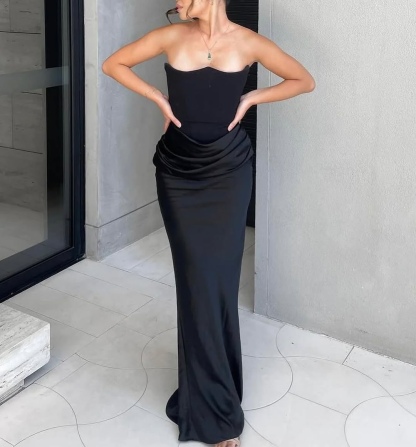 Black Elegant Ruched Satin Silk Maxi Dress