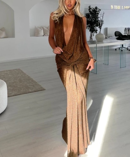 Ruched Backless Halter Neck Bodycon Dress