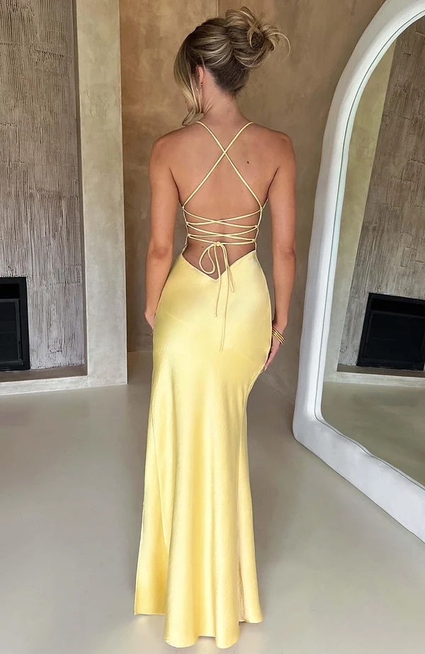 V Neck Backless Bodycon Tie Up Maxi Dress