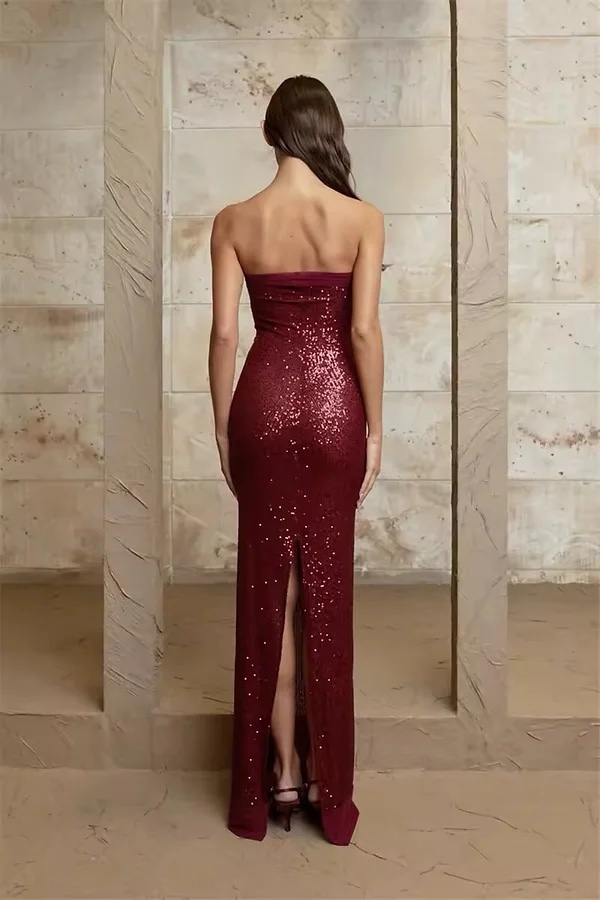 Strapless Sequin Glitter Bodycon Party Maxi Dress