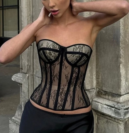 Black Patchwork Lace Corset Style Crop Top