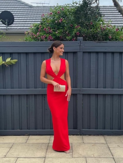 Red Sleeveless V Neck Bodycon Occasion Maxi Dress