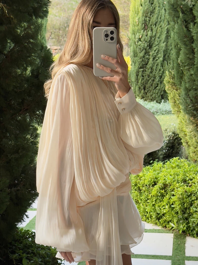 Long Sleeve Lace Tie Up Satin Silk Elegant Mini Dress