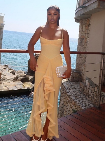 Yellow Ruffle Hem Bodycon Maxi Dress
