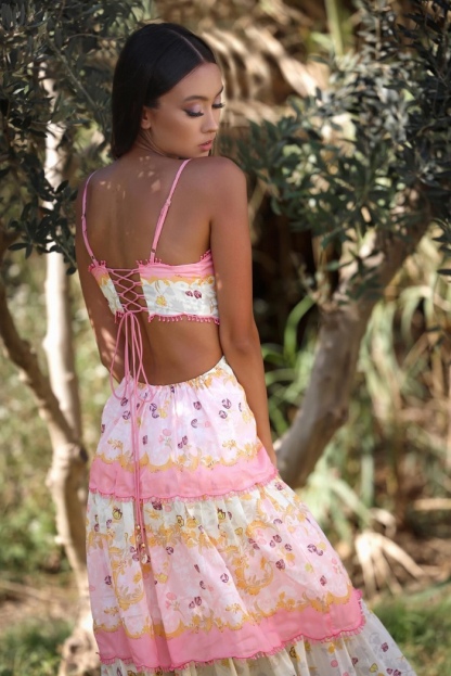 Pink Floral Ruffle Layered A-line Maxi Dress