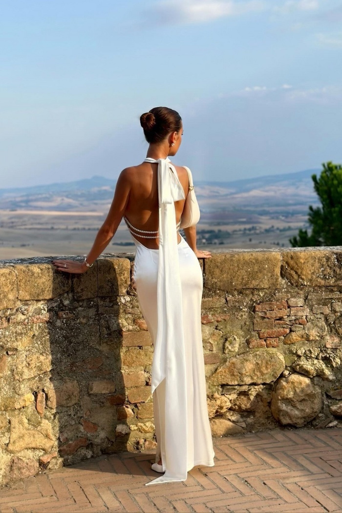 White Halter Neck Elegant Backless Pearl Detail Maxi Dress