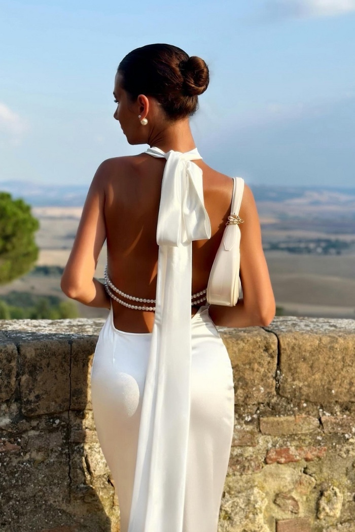 White Halter Neck Elegant Backless Pearl Detail Maxi Dress