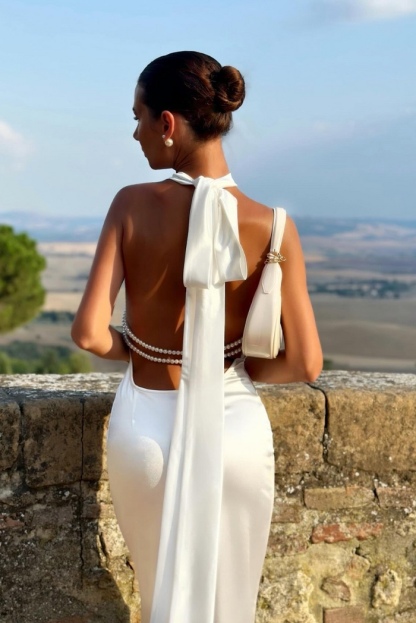 White Halter Neck Elegant Backless Pearl Detail Maxi Dress